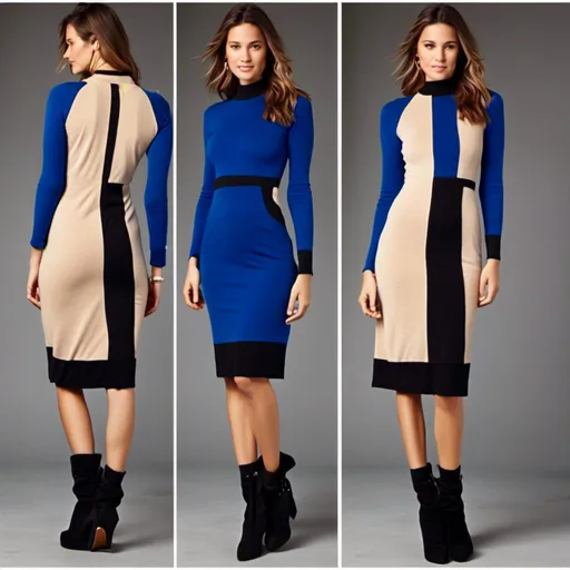 Prompt: Use <mymodel> with a color block fleece mid length dress in cobalt blue and best combination colors