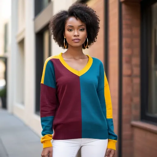 Prompt: Create a black model wearing a color blocking sweater or jumper with bold, contrasting color blocks like deep teal with mustard yellow or rich burgundy with cobalt blue. Make it 2 neck designs vneck and crewneck