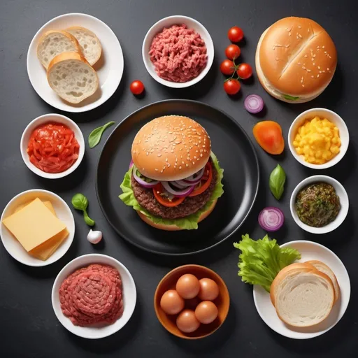 Prompt: a diagram of ingredients of hamburger served on separate plates including ground meat and bred instead of the assembled hamburger