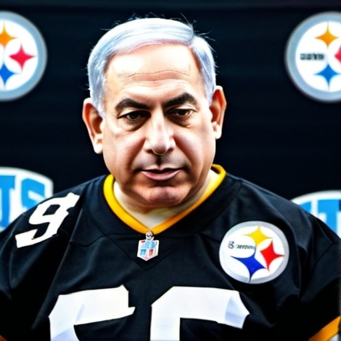 Prompt: Benjamin Netanyahu in a Steelers jersey celebrating