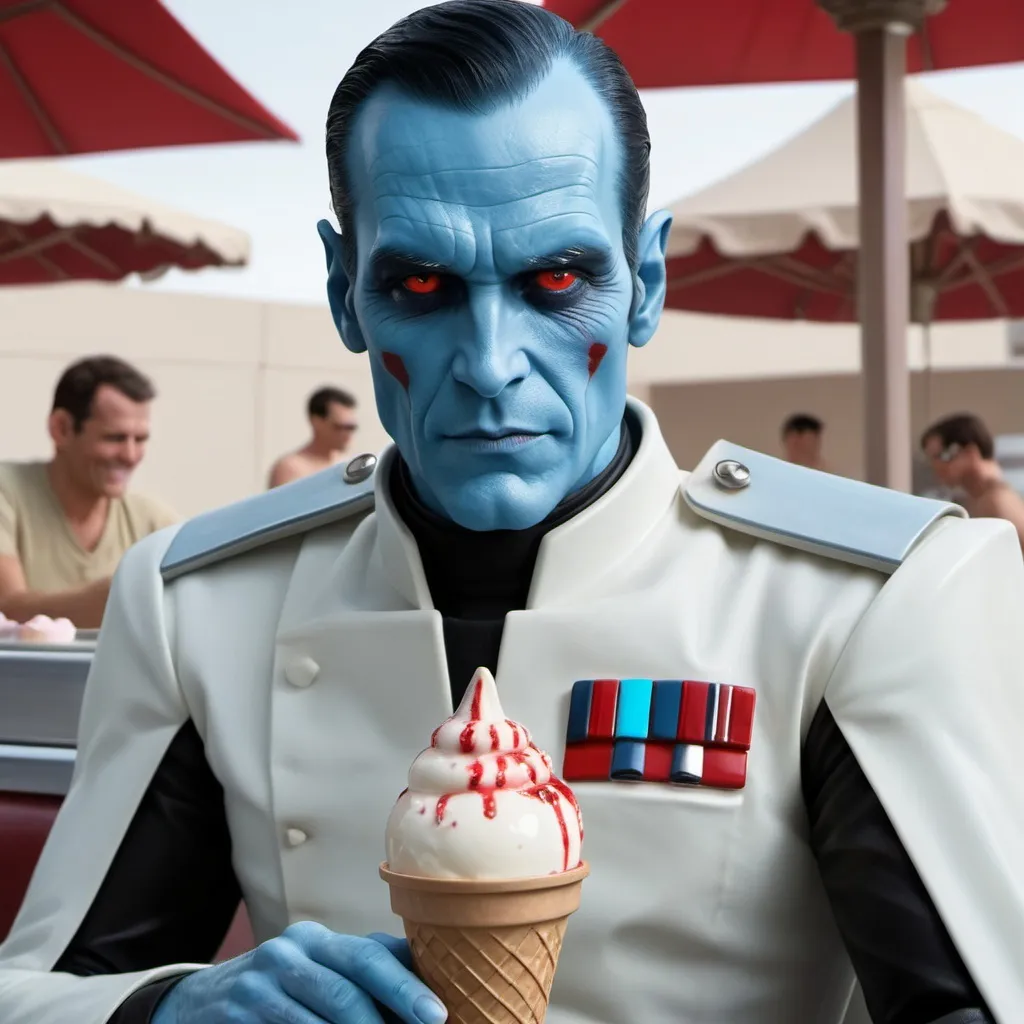 Prompt: grand admiral 
thrawn with red eyes smiling and eating ice cream photo realistic


