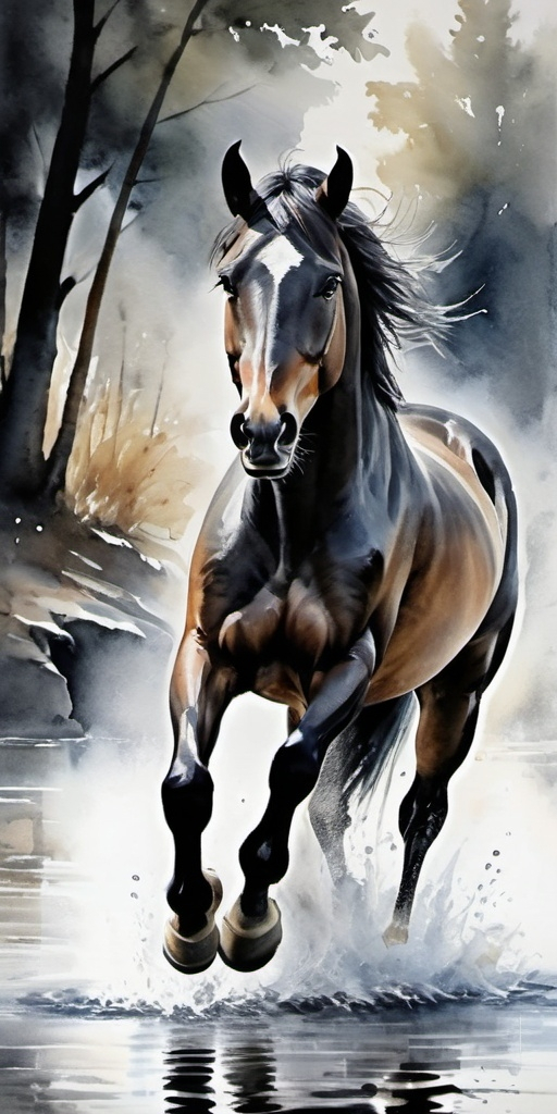 Prompt: a horse painted with watercolor, black and white, jumping over a river