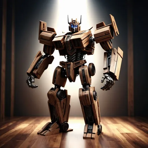 Prompt: a scifi concept of transformer robot 3d render made of wood with a dramatic lighting