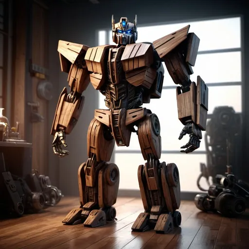 Prompt: a scifi concept of transformer robot 3d render made of wood with a dramatic lighting