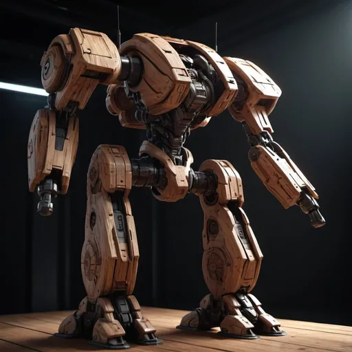 Prompt: a scifi concept mech 3d render made of wood with a dramatic lighting