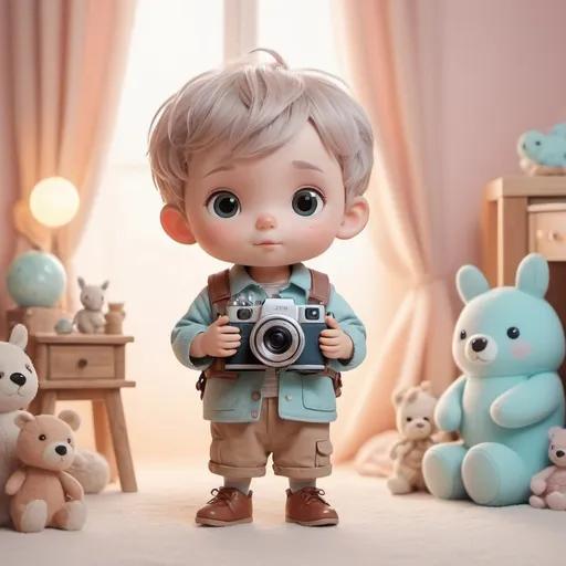 Prompt: the image of the cute little boy character with his camera toy, all set in a gentle pastel world with soft lighting. It’s got a touch of the curious and imaginative, ready to explore!