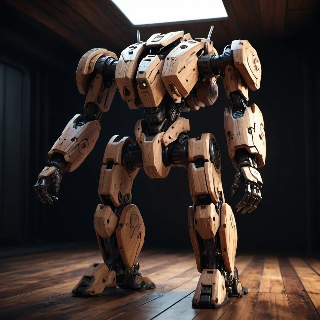 Prompt: a scifi concept mech 3d render made of wood with a dramatic lighting