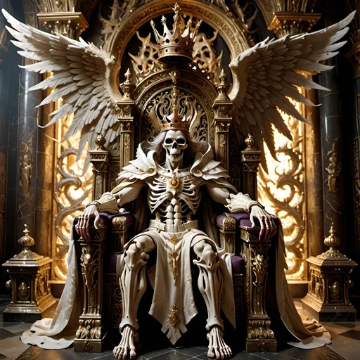 Prompt: A human figure with one angelic wing on the left and one demonic wing on the right, flying above a grand, ornate throne. The throne, adorned with intricate carvings and gilded details, holds the skeletal remains of a king, dressed in tattered royal robes and a tarnished crown, slumped lifelessly in the seat. The setting conveys a dramatic mix of divine and infernal symbolism, power and decay, as the figure hovers majestically in the air, casting shadows over the throne below