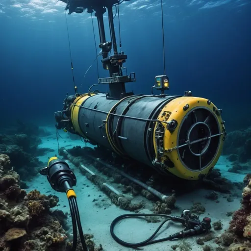 Prompt: military submarine and a remoted operated vehicle are on the bottom of the sea, surveying a underwater internet cable a remoted operated vehicle