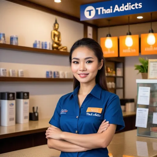 Prompt: Beautiful Thai woman (standing confidently), wearing a casual blue uniform, customer service style, (labeled on the shirt tag exactly "thai addicts"), (warm and inviting atmosphere), detailed facial features, friendly expression, behind a counter, (high-quality) vibrant colors, soft lighting, subtle textures, showcasing a professional yet approachable demeanor, ideal for a service environment.
