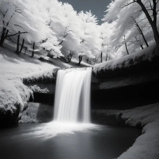 Prompt: Infrared photos waterfall, hasselblad 1600f, zeiss milvus 25mm f/1.4 ze., hasselblad h6d-400c