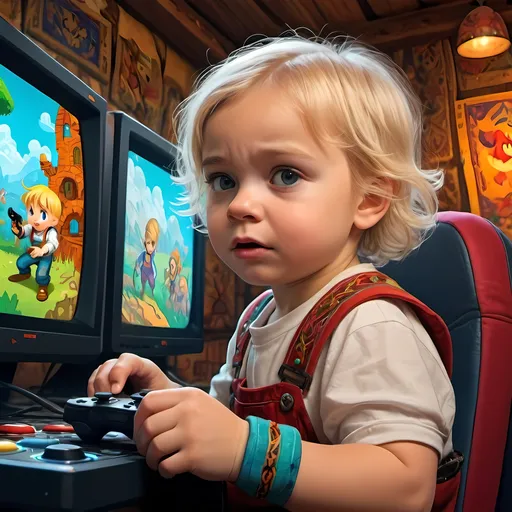 Prompt: beautiful blonde Gender neutral child playing video game, Hungarian motifs, colorful screen, detailed and colorful, high quality, Hungarian motifs, vibrant colors, detailed digital art, immersive, playful atmosphere, rich textures, dynamic composition, professional, highres, detailed, colorful, immersive, playful, Hungarian motifs, video game, digital art, 2 d cartoon style. The kid is showing back to us, we look at the screen. The video game is violent.