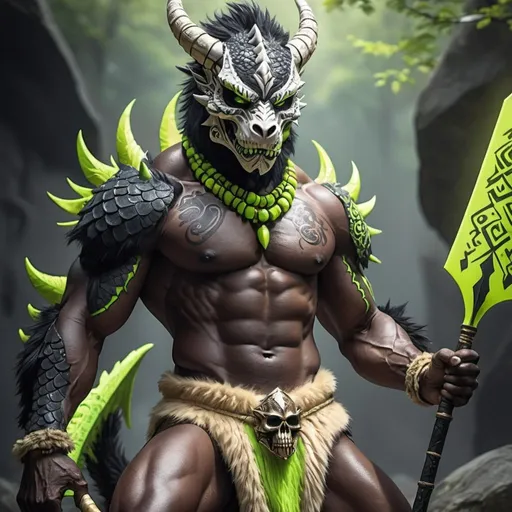 Prompt: anthro ga breathtaking drawing in the artstyle of chunie, male muscular dragon, fluffy black fur, thick fur, lime green tribal markings, wearing loincloth, wearing a skull mask, holding a spear, low angle shot, breathtaking quality,8k, HDR digital art, masterpiece, 4k, fine details, (anthro:0.1)