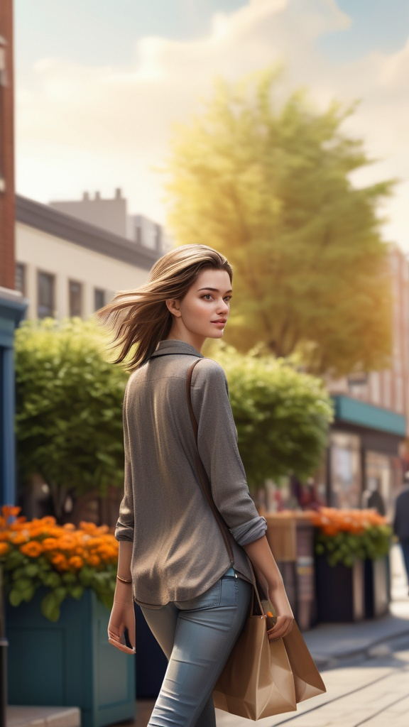 Prompt: Tall young woman walking down the high street, detailed clothing, realistic, natural lighting