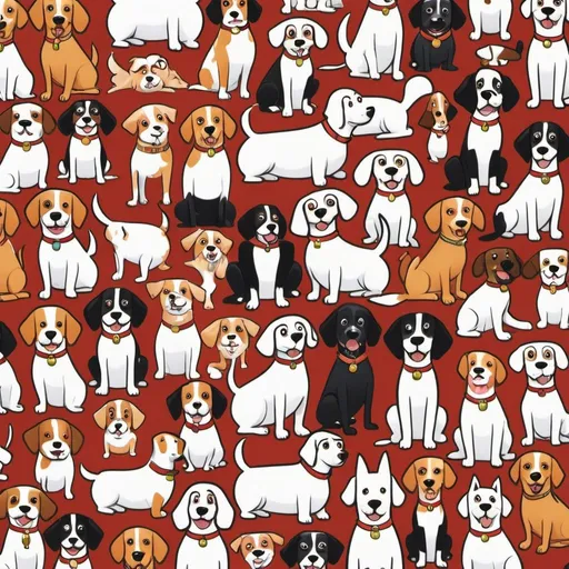Prompt: An A4 graphic design featuring lots of cartoon dogs spaced out from each other