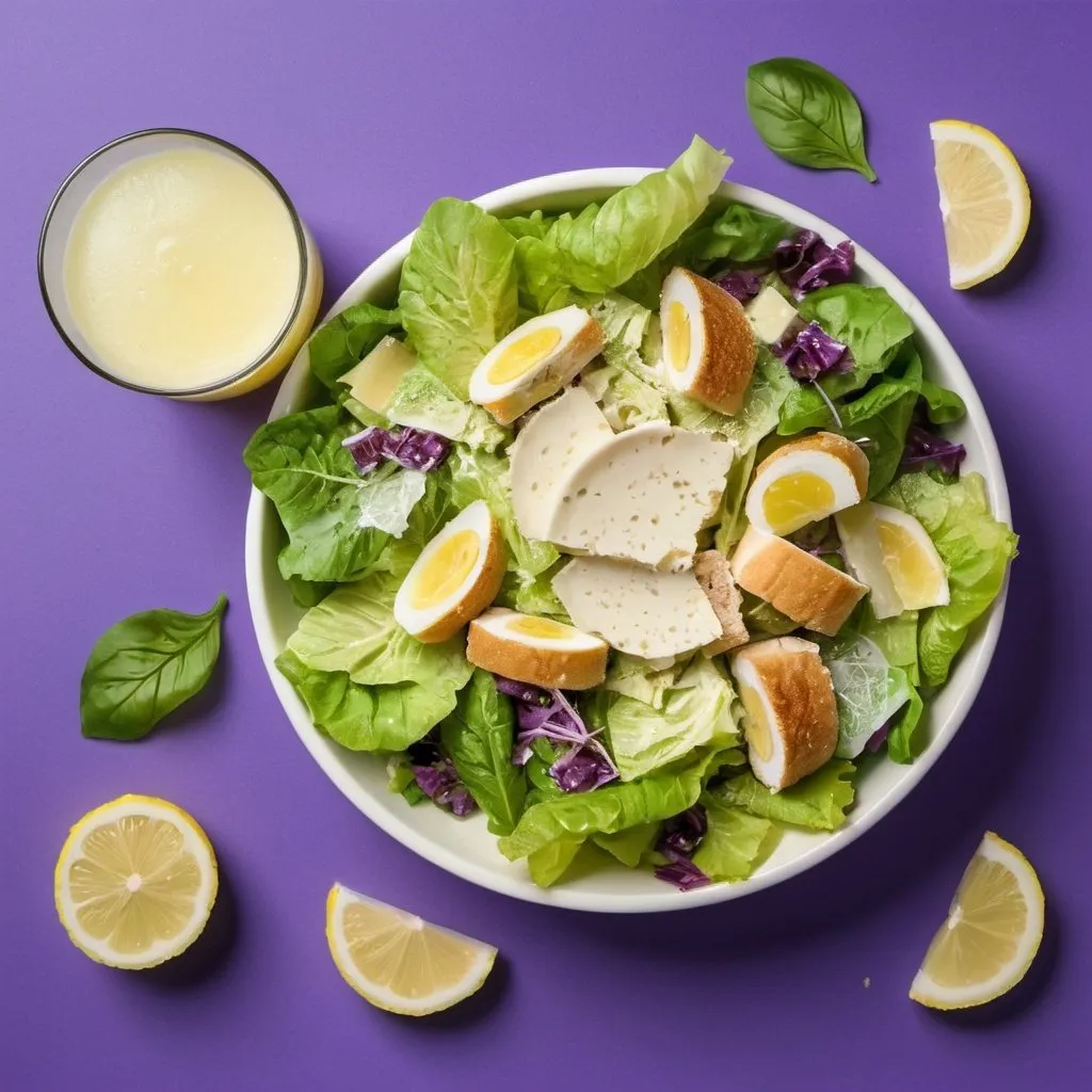 Prompt: A  Caesar salad with a lemonade on the side with a purple background 