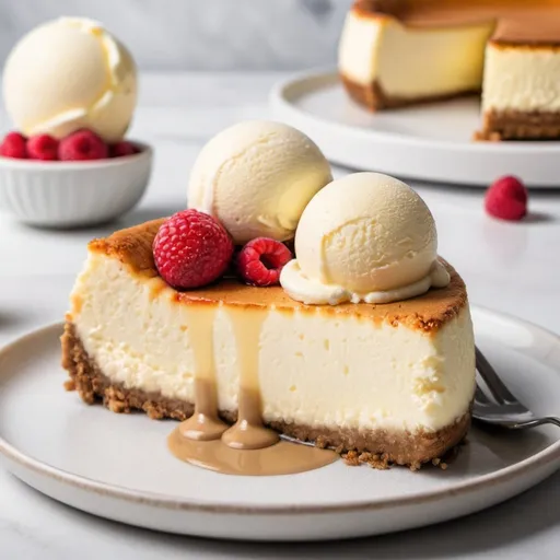 Prompt: A cheesecake with vanilla ice cream on the side or on top 