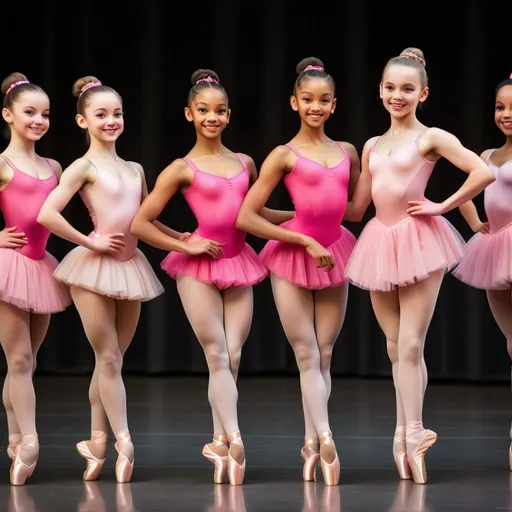 Prompt: Fancy girls doing ballet, pointe shoes, pink leotards, bright pink skirts, tan pointe shoes, braided buns slick back,on stage, all different poses for each girl, smiling, light makeup, not all skinny but not all fat, boys in the back with light pink leotards with bright pink tights with turning shoes on doing lifts.