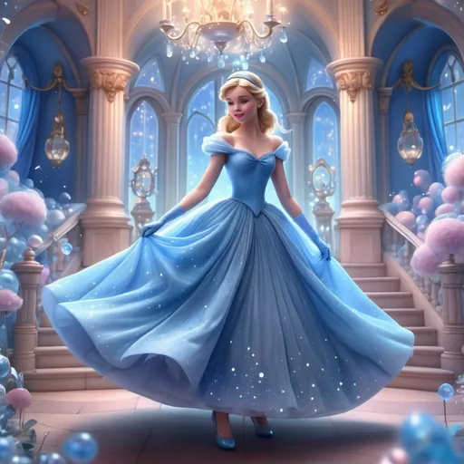 Prompt: Cinderella-inspired scene, (tall, skinny figure) of a girl in a (flowing blue Cinderella dress), adorned with (glass slippers), matching (blue headband) and (blue gloves), surrounded by a whimsical fairytale setting, soft pastel colors, enchanting atmosphere, sparkling lights, (dreamy background), ultra-detailed, 4K quality, capturing the magic of a classic story.