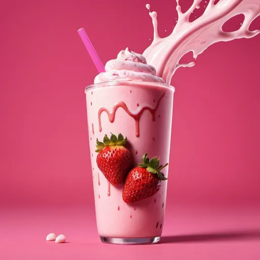 Prompt: Strawberry milkshake energy drink with pink background and strawberry falling
