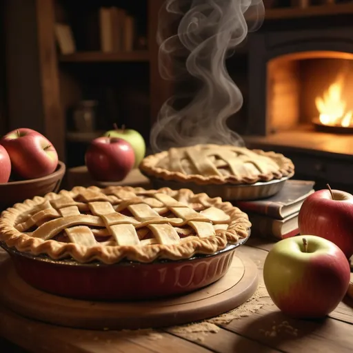 Prompt: Apple pie (beautifully baked, golden crust), rich, warm colors, cozy kitchen setting, fresh apples scattered around, steam rising from the pie, inviting atmosphere, soft, natural lighting, heartwarming vibes, rustic wooden table, vintage recipe books in the background, homey ambiance, ultra-detailed, 4K.