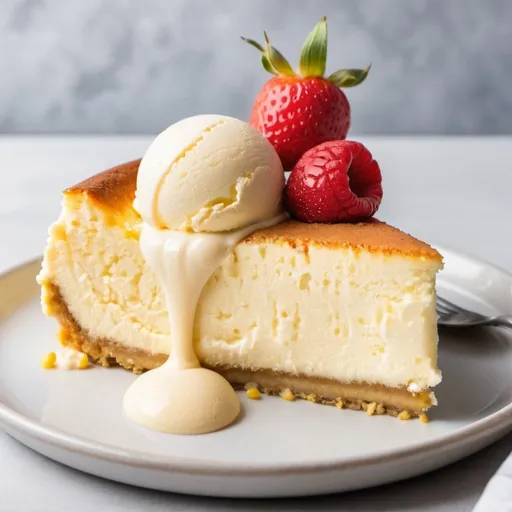 Prompt: A cheesecake with vanilla ice cream on the side or on top A corn cake with 2 scoops of vanilla ice cream on top or on the side.