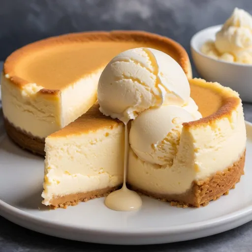 Prompt: A cheesecake with vanilla ice cream on the side or on top and a corn cake with 2 scoops of vanilla ice cream on top or on the side.