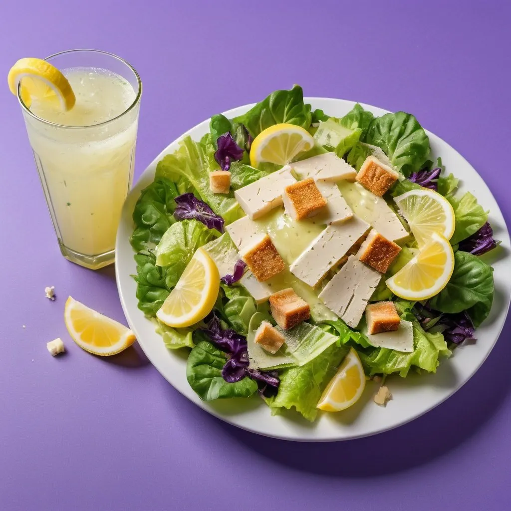 Prompt: A  Caesar salad with a fancy lemonade on the side with a purple background 