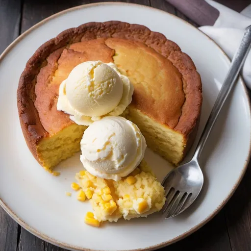 Prompt: A corn cake with 2 scoops of vanilla ice cream on top or on the side.
