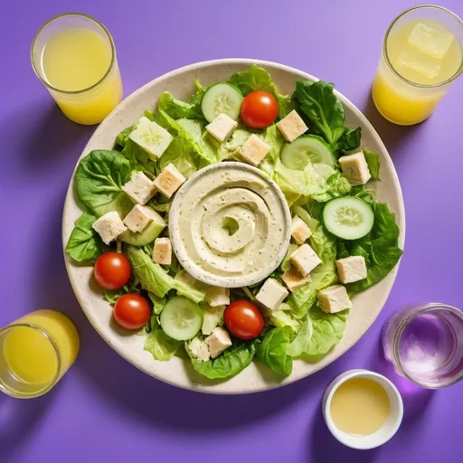 Prompt: A Caesar salad with a fancy lemonade on the side with a purple background No tofu and no onions instead add tomato’s and cucumbers 