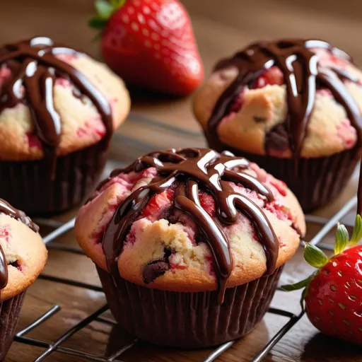 Prompt: Strawberry muffins with chocolate drizzle, delicious baked goods, close-up of muffins, high quality, realistic painting, warm tones, soft lighting, chocolate swirls, juicy strawberries 