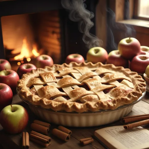 Prompt: Apple pie (beautifully baked, golden crust), rich, warm colors, cozy kitchen setting, fresh apples scattered around, steam rising from the pie, inviting atmosphere, soft, natural lighting, heartwarming vibes, rustic wooden table, vintage recipe books in the background, homey ambiance, ultra-detailed, 4K.