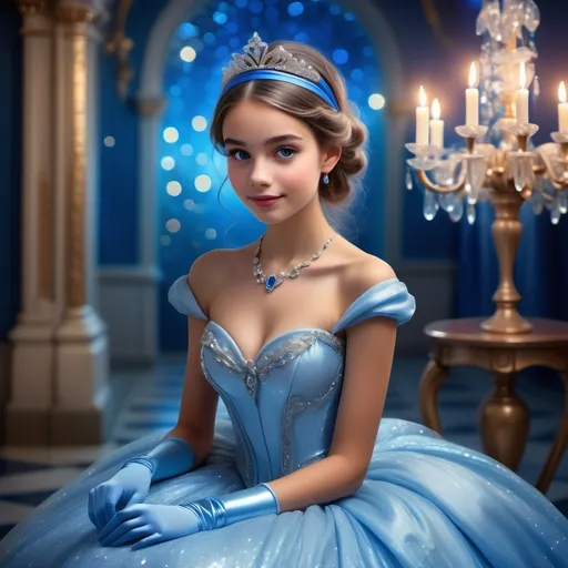 Prompt: (tall skinny girl in a Cinderella dress), (Hispanic), wearing blue gloves, glass slippers, blue headband, (fairytale atmosphere), sparkling background, (whimsical), (smooth lighting), vibrant blue tones, (dreamy ambiance), fantasy theme, (ultra-detailed), captivating expression, enchanting royal scene, dressed for a grand ball, magic and elegance combined.