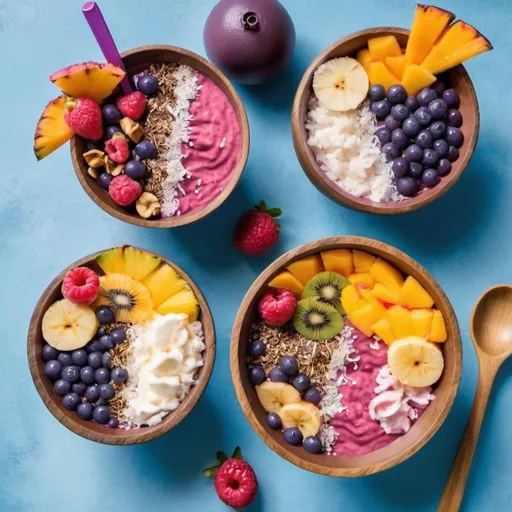 Prompt: Pink açaí bowl with tropical fruit on top,next to blue açaí bowl with tropical fruit and in coconut wood bowls with coconut wood spoons on side and a purple pina colada on the side to.