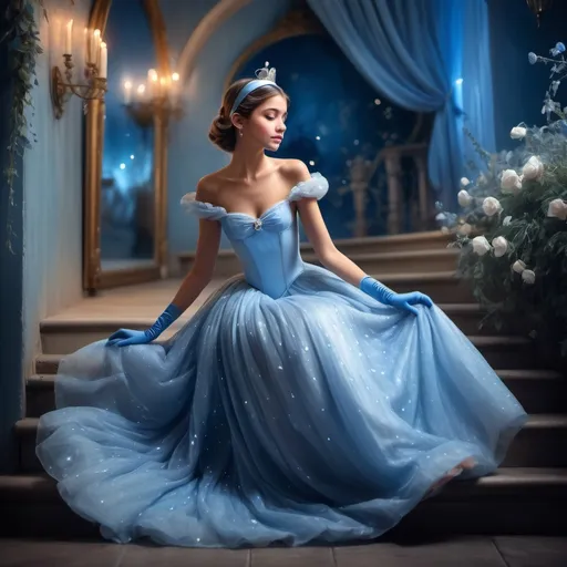 Prompt: (cinderella dress), (tall and skinny girl), Hispanic, wearing a beautiful gown in soft, elegant blue tones, matching glass slippers, exquisite blue headband, delicate blue gloves, dreamy and fairytale-like ambiance, enchanting background with magical elements, soft and enchanting lighting, HD quality, charming atmosphere, completes the scene with whimsical elegance.