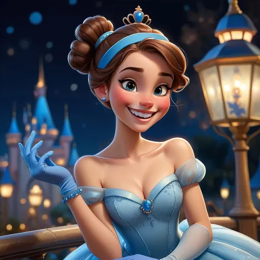 Prompt: Disney style royal girl with brown hair in bun and a happy smile,all types of blues,night time ,at ball,glass slippers blue gloves, and blue headband