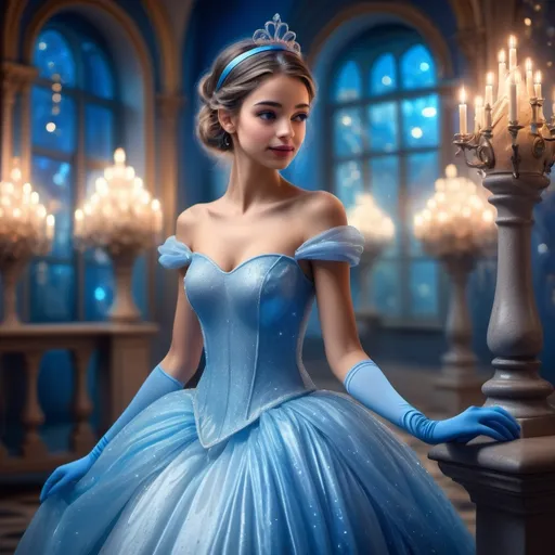 Prompt: (tall skinny girl in a Cinderella dress), (Hispanic), wearing blue gloves, glass slippers, blue headband, (fairytale atmosphere), sparkling background, (whimsical), (smooth lighting), vibrant blue tones, (dreamy ambiance), fantasy theme, (ultra-detailed), captivating expression, enchanting royal scene, dressed for a grand ball, magic and elegance combined.