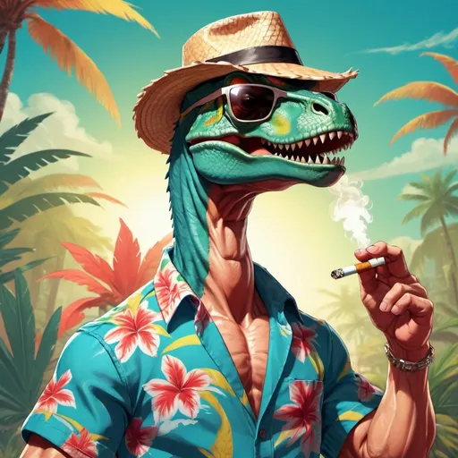 Prompt: Game-streetfighter style illustration of a Herrerasaurus, wearing a straw hat, in a Hawaiian shirt, smoking a cigarette, with shades, dynamic action pose, high quality, vibrant colors, retro gaming, tropical setting, stylish lighting