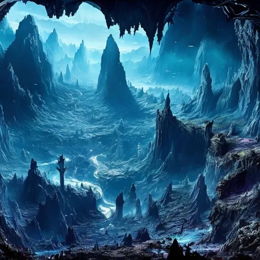 Prompt: Fantasy image, super detailed, hyperrealistic. Deep within a mountain cavern there is an explosion of glass shards, flying through the air and sparkling blue, shattering from a glass coffin. The coffin in shattering breaking. There are colors of blue and silver. It is cold. There is a river flowing on the bottom of the cavern. 