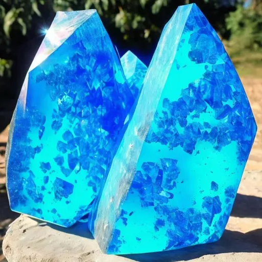 Prompt: huge blue energy crystals, energized, shining, radiant, glowing 