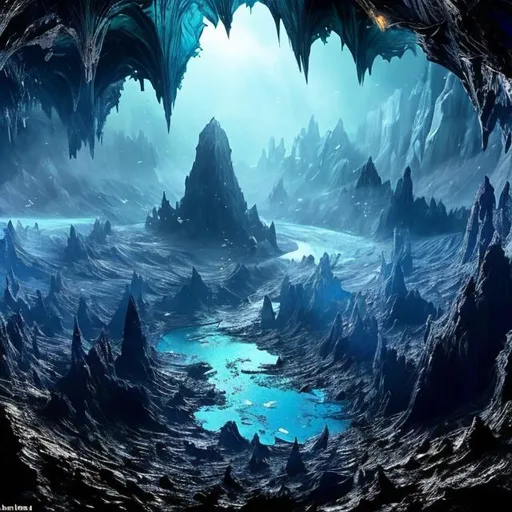 Prompt: Fantasy image, super detailed, hyperrealistic. Deep within a mountain cavern there is an explosion of glass shards, flying through the air and sparkling blue, shattering from a glass coffin. The coffin in shattering breaking. There are colors of blue and silver. It is cold. There is a river flowing on the bottom of the cavern. 