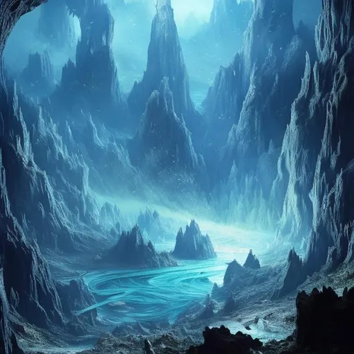 Prompt: Fantasy image, super detailed, hyperrealistic. Deep within a mountain cavern there is an explosion of glass shards, flying through the air and sparkling blue, shattering from a glass coffin. The coffin in shattering breaking. There are colors of blue and silver. It is cold. There is a river flowing on the bottom of the cavern. 