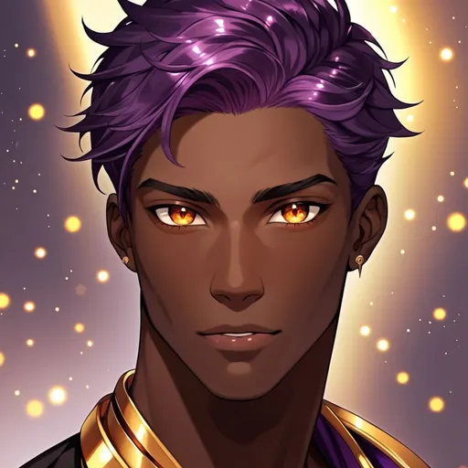Prompt: Male dark skin with short purple hair and beautiful sparkling amber eyes he’s tall handsome and strong