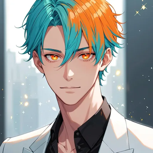 Prompt: A white male with short cyan hair and beautiful sparkling orange eyes he’s tall and handsome 