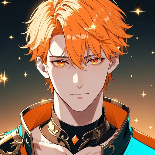 Prompt: A white male with short cyan hair and beautiful sparkling orange eyes he’s tall and handsome 