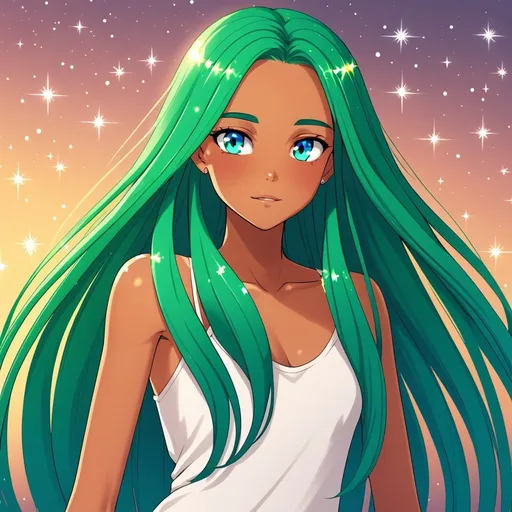 Prompt: A tan female with long green hair and beautiful sparkling blue eyes she tall and beautiful 