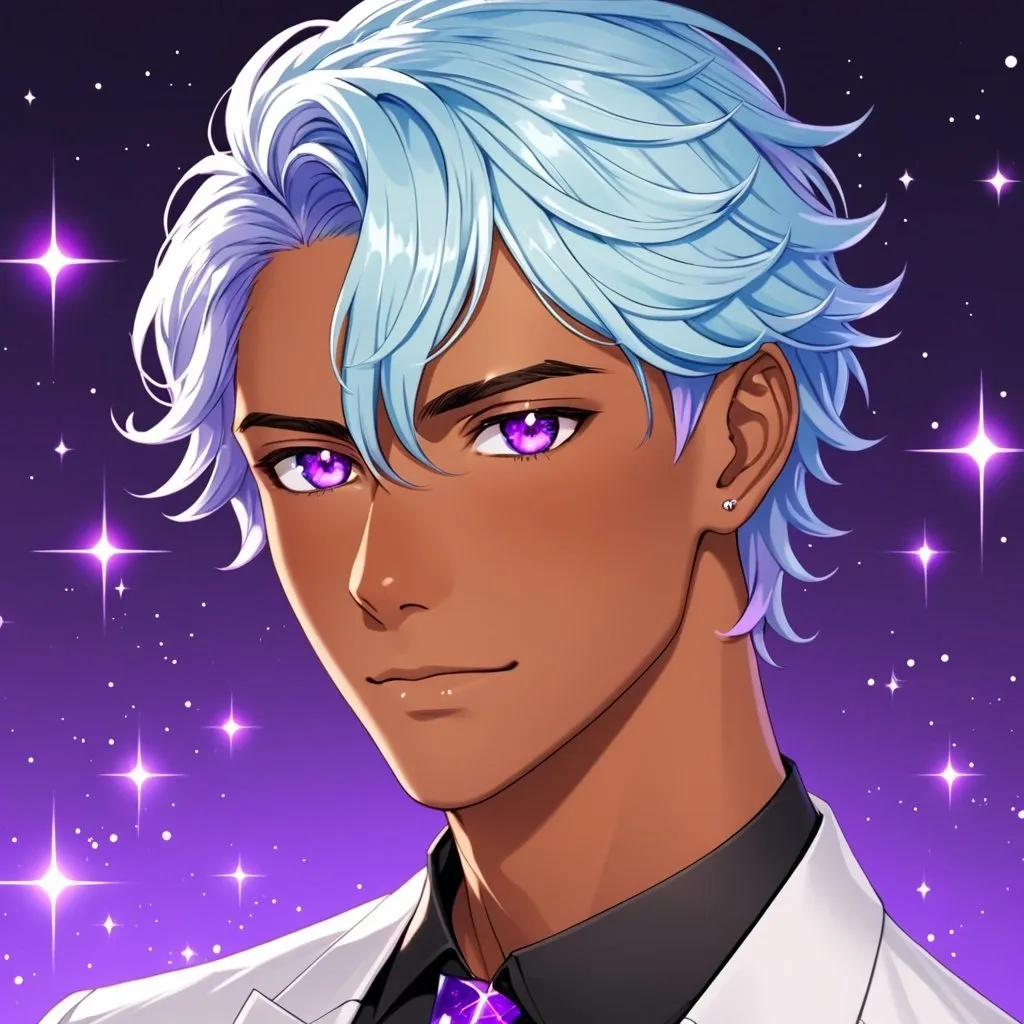 Prompt: A tan male with short light blue hair and beautiful sparkling purple eyes he’s tall and handsome 