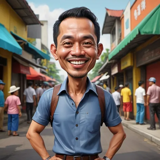 Prompt: (realistic 4D caricature), (Indonesian man, age 35), (exaggerated features, vibrant colors), playful expression, lively ambiance, detailed clothing, urban setting background, high-definition, dynamic lighting, engaging perspective, whimsical atmosphere, humor conveyed through design, full of life and energy, capturing essence and character of the subject, masterful artistry.