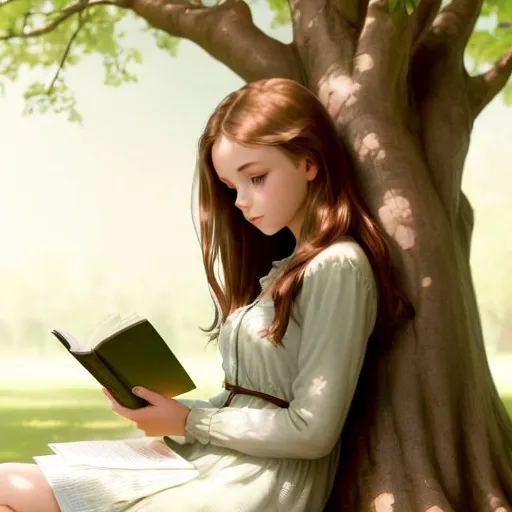 Prompt: a young girl sitting by a tree while reading a book she is stunning with her beauty