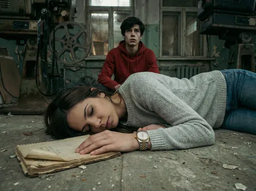Prompt: Large Projector room of abandoned cinema.
@Bella has been knocked unconscious and is facedown @Bella wears a light grey sweater, jeans and two tone Rolex Datejust with a white face. The boy wears a red hoodie, hood down. The boy is sitting on the ground behind @Bella, he is scared and is looking up over the camera. Not holding a camera
An old notebook is close to @Bella's left hand.
Close-up.